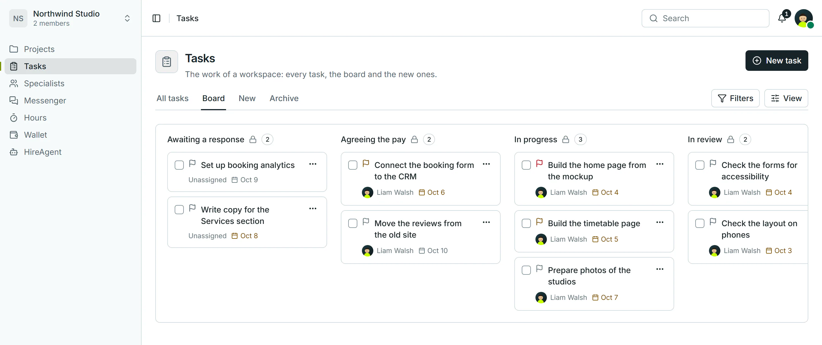 A Customer workspace task board in HireHub