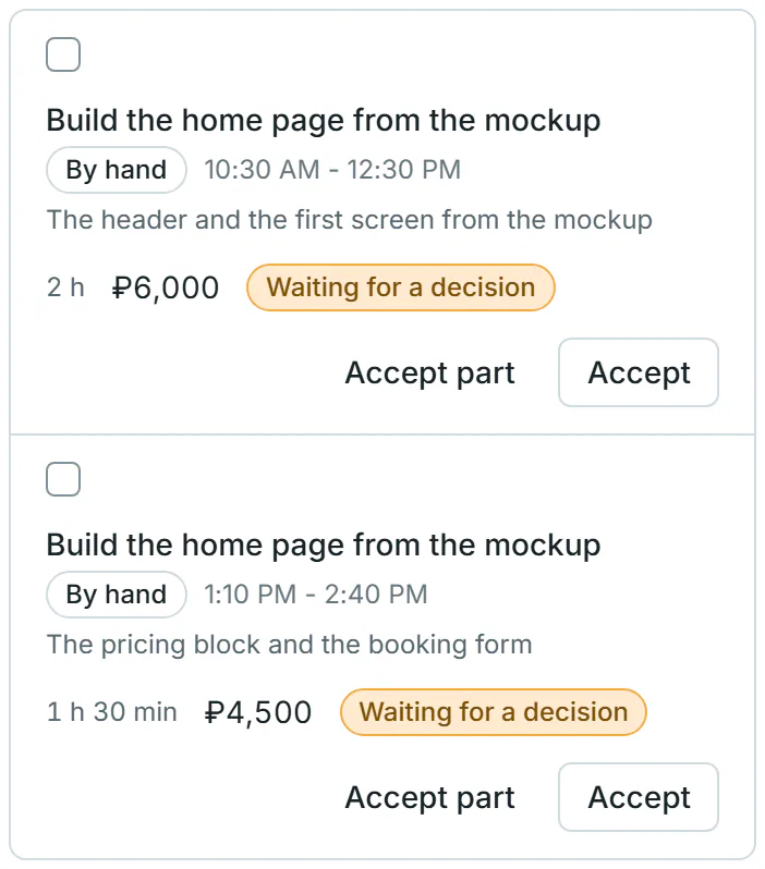 A time row with the Accept hours button