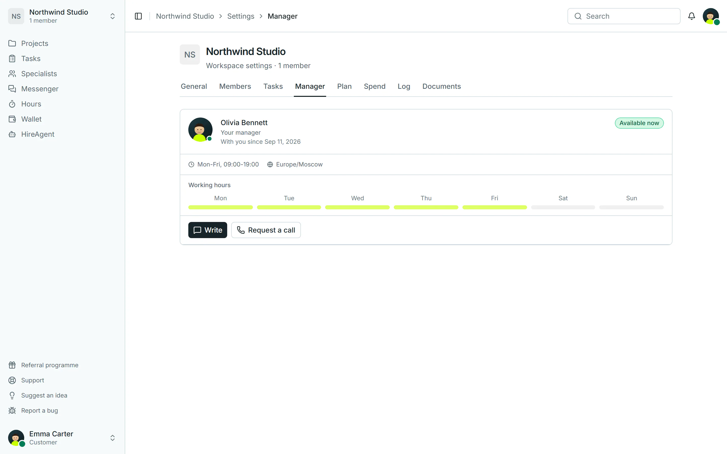 The workspace Manager as a Customer sees it