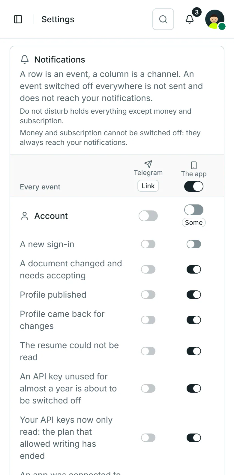 HireHub notification settings on a phone